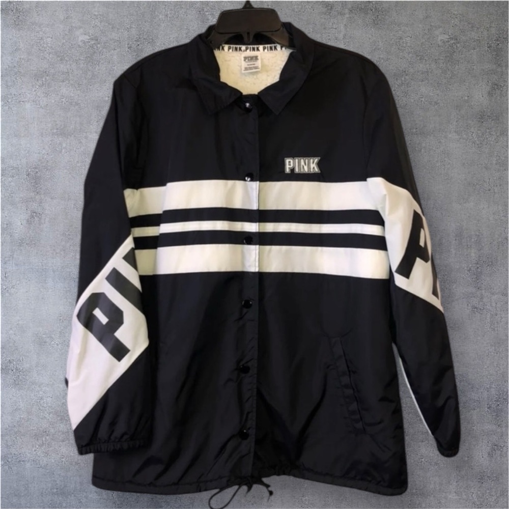 VICTORIAS SECRET PINK BLACK SHERPA LINED ANORAK WINDBREAKER COAT JACKET Sz M - Picture 2 of 15